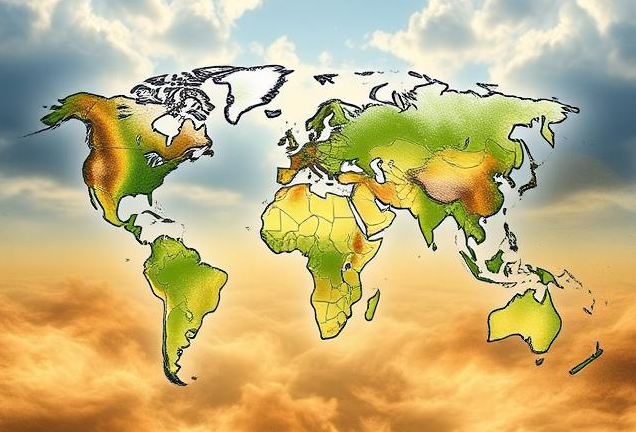 Countries of the World floating above blue clouds and orange clouds